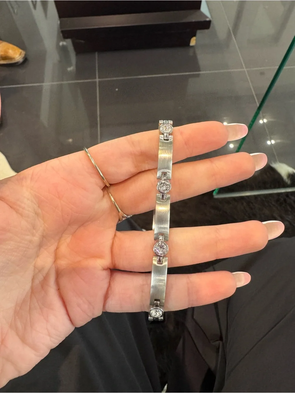 New Brushed Silver-Tone Satin Link Bezel-Set Costume Bracelet